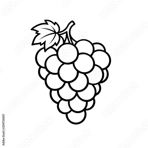 A black line drawing of a cluster of grapes with a leaf on top on transparent background