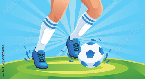 Schilderij op canvas Soccer Ball Control: A close-up shot focusing on the feet of a soccer player skillfully maneuvering a soccer ball on a green field, depicted with a vibrant, stylized illustration style
