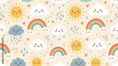 Smiling suns, fluffy clouds, and colorful rainbows repeat seamlessly on a soft cream background