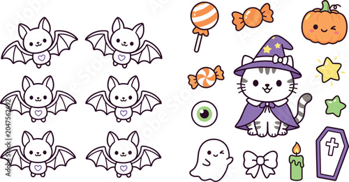 Foto Cute Halloween vector sticker elements set featuring cartoon cat witch flying bats ghost pumpkin coffin and candy sweets for spooky holiday card designs