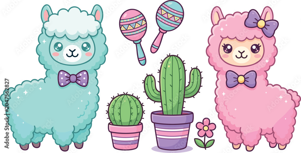 Fototapeta premium Cute kawaii llama and alpaca vector element set featuring pink and blue cartoon characters maracas cactus pots and bow tie decorations for sticker design.