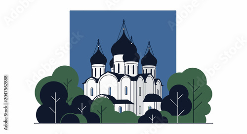 White domed church with multiple dark domes, surrounded by green trees