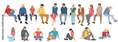 Collection of images of people, men, women and teenagers sitting on a bench, vector graphics, different colors, cartoon characters, silhouettes, design concept in flat icon style, isolated on white 