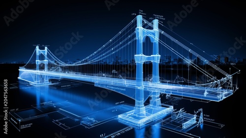 Digitales und visualisiertes Modell einer Hängebrücke, mit KI generiert