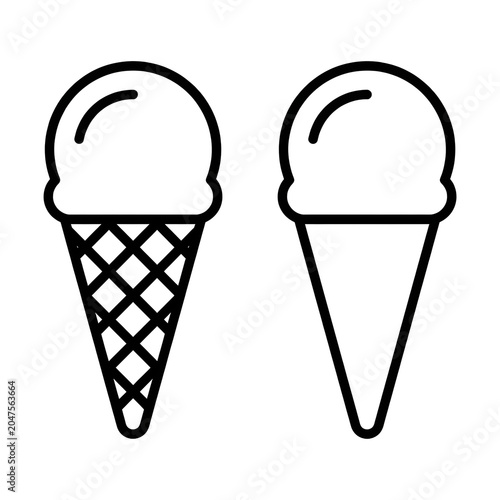 Black and white illustration of two ice cream cones one with a waffle pattern and one plain on transparent background