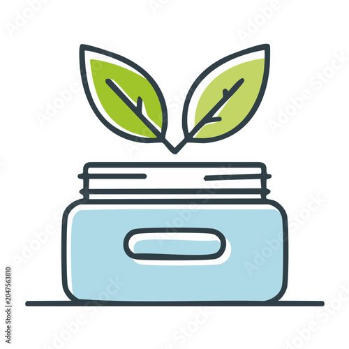 Organic cream jar with green leaves icon