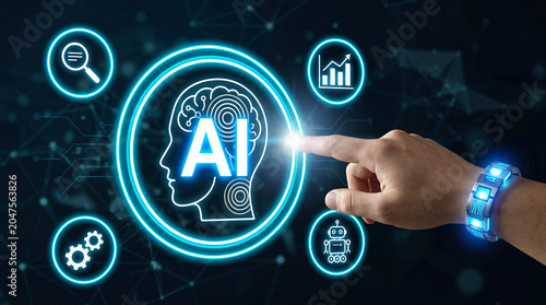 human hand interacting futuristic ai interface surrounded by technology icons