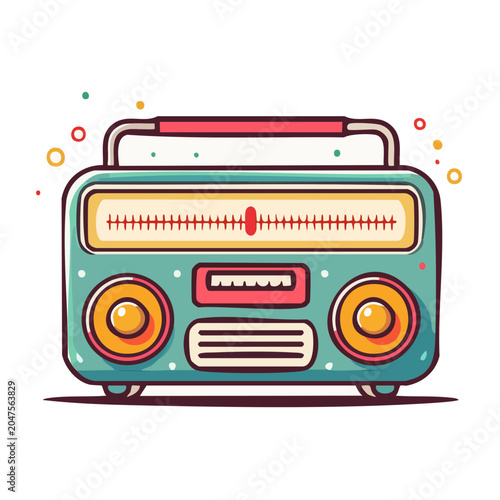 Retro teal radio illustration with colorful accents