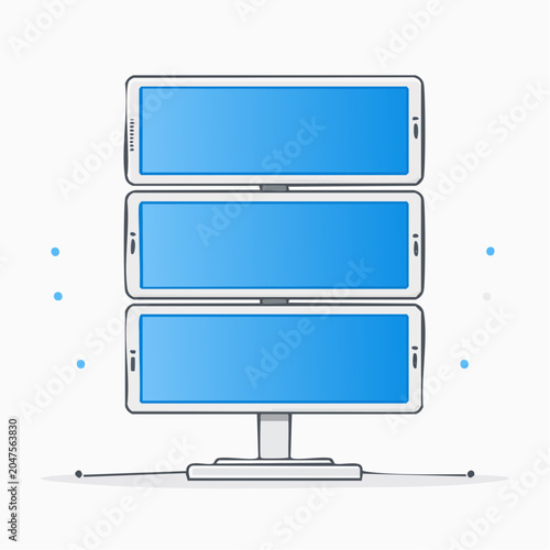 Stacked digital screens on stand with blue displays
