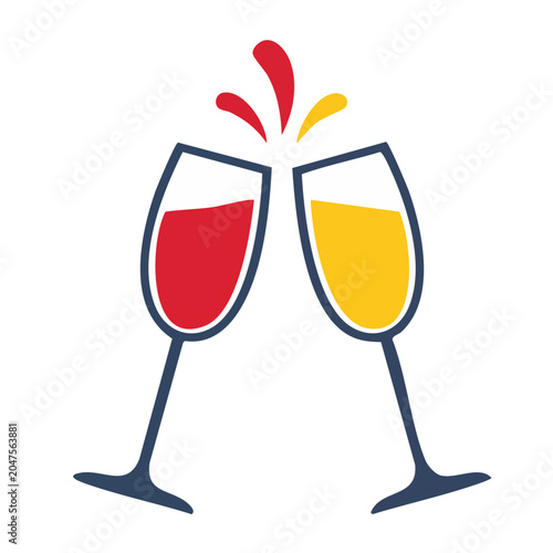 Two wine glasses toasting with red and yellow liquid