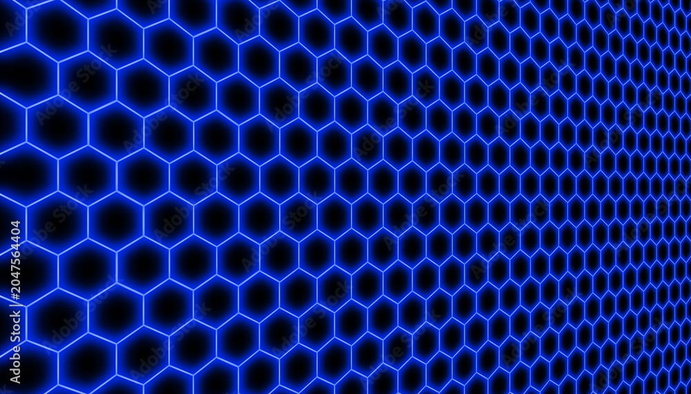 Blue grid hexagonal neon light seamless pattern digital technology background