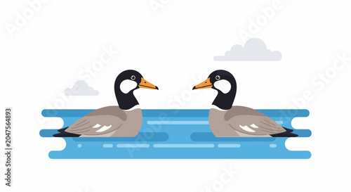 Two geese swim calmly side-by-side in blue water with clouds above