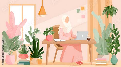 Diverse Woman Remote Work Home Office. Muslim freelancer working online with laptop in plant-filled interior.