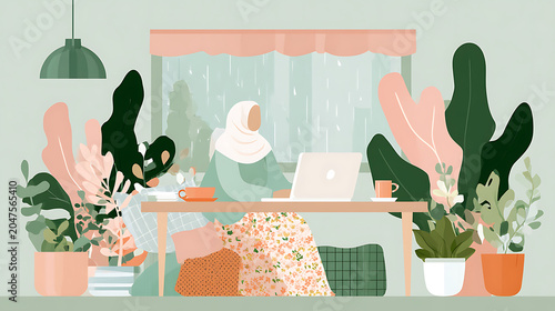 Remote Work Productivity Illustration: Diverse Woman in Cozy Home Office with Plants for Digital Business