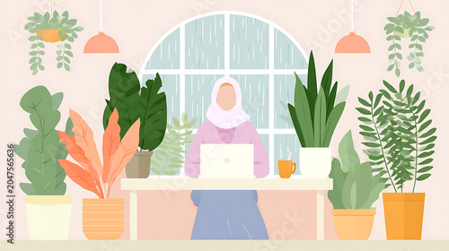 Remote Work Home Office Illustration: Diverse Woman Working with Indoor Plants. Modern Green Workspace for Productivity & Well-being.