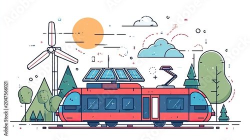 Modern train powered by renewable energy sources in a natural setting