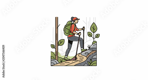 Woman hiking uphill on a winding forest path with trekking poles