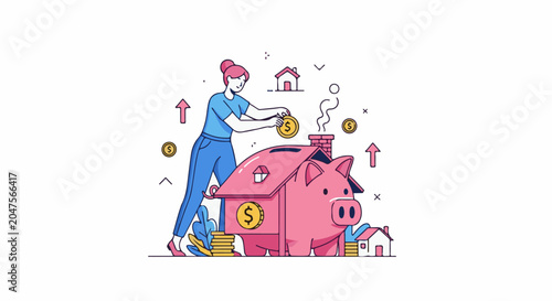 Woman depositing coins into a pink piggy bank shaped like a house, symbolizing savings