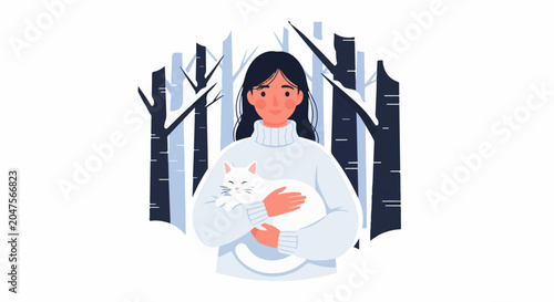 Woman in a cozy sweater holding a white cat amidst winter trees