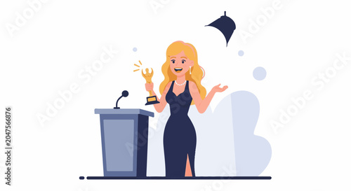 Woman in a formal dress holds a golden trophy, smiling