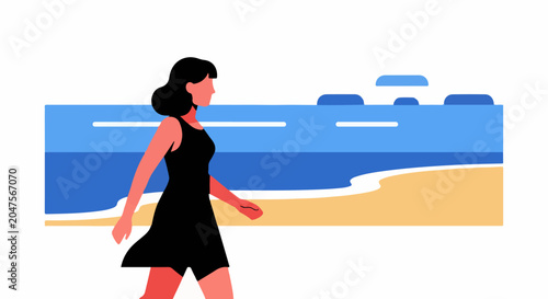 Woman in black dress walking on beach with ocean backdrop