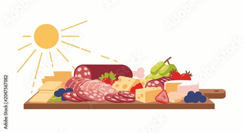 Sunny charcuterie board with meats, cheeses, grapes, berries and sun