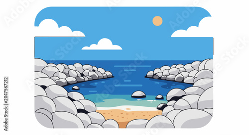 Sunny sky over a tranquil ocean cove with rocky shores