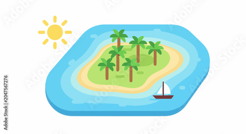 Sunny tropical island paradise with palm trees and sailboat