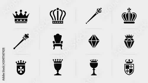 Fotografi Monarchy heraldry symbols collection featuring king crowns royal scepter and goblet icons
