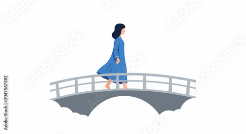 Woman in blue dress walking barefoot across a grey bridge