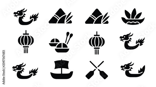 Photos Set of minimalist black flat icons related to chinese dragon boat festival symbols vector