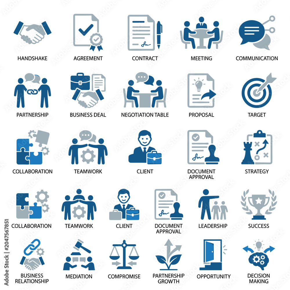 Fototapeta premium Business Icons Set: Partnership, Agreement, Strategy, Success, Decision Making
