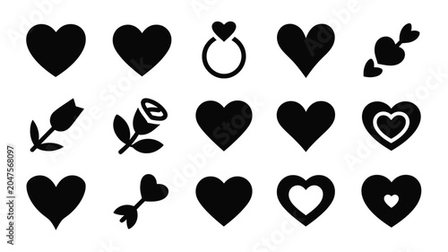 Canvastavla Collection of black love icons featuring various heart styles and romantic floral elements