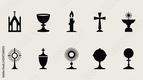 Bild auf Leinwand Christian silhouettes of chalice monstrance and church building for religious design work