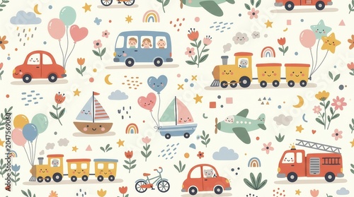 Smiling cars, buses, trains, planes, and boats move across a whimsical background with balloons