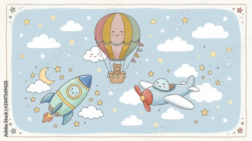Smiling hot air balloon, rocket, and airplane float among white clouds and stars