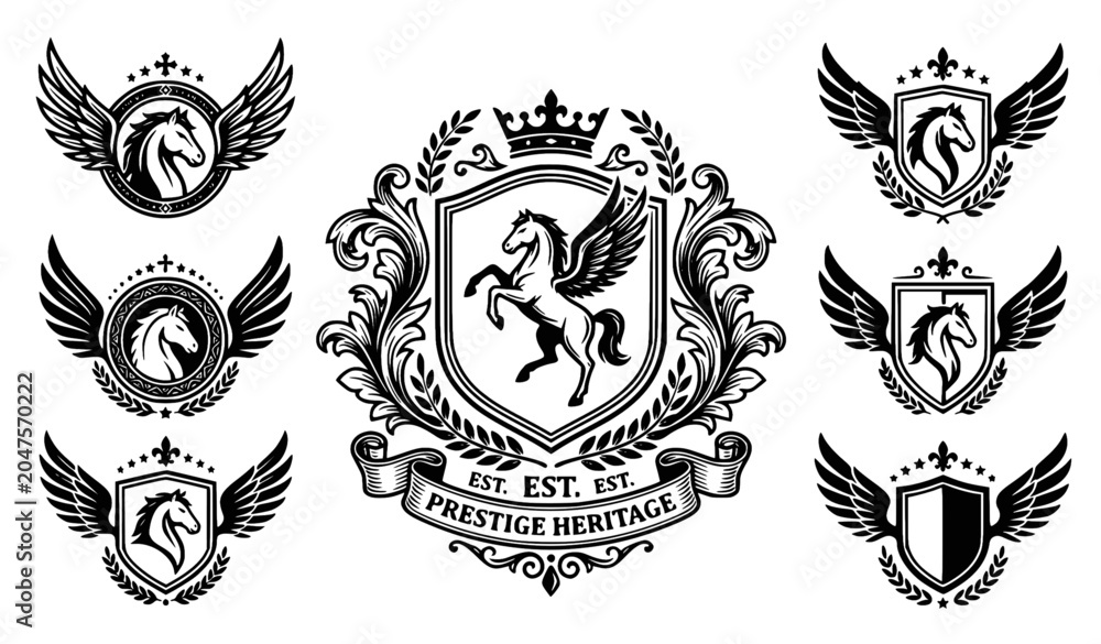 Obraz premium Pegasus heraldic crest icon set shield emblem vector collection isolated on white
