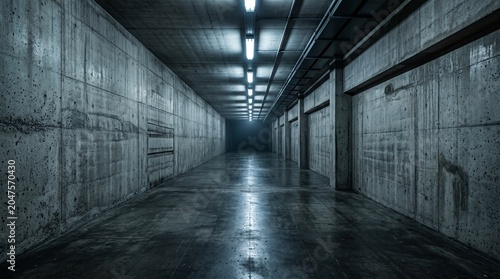 An endless empty corridor inside a brutalist concrete building illuminated by cold fluorescent ceiling lights