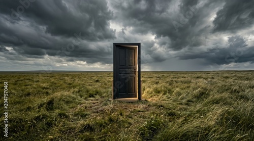 A solitary matte black door standing in the middle of an endless windswept grassland under dramatic storm clouds