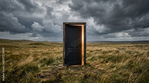 A solitary matte black door standing in the middle of an endless windswept grassland under dramatic storm clouds