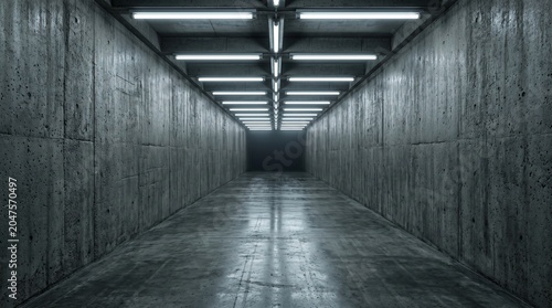 An endless empty corridor inside a brutalist concrete building illuminated by cold fluorescent ceiling lights