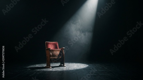 A lone empty chair positioned under a powerful spotlight in a vast dark auditorium