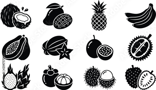 Konstfotografi Exotic Tropical Fruits Vector Silhouette Icon Set Featuring Coconut Mango Pineap