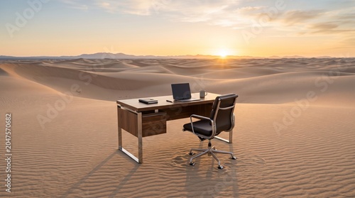 A luxury modern office desk with a single chair standing alone among endless sand dunes at sunrise