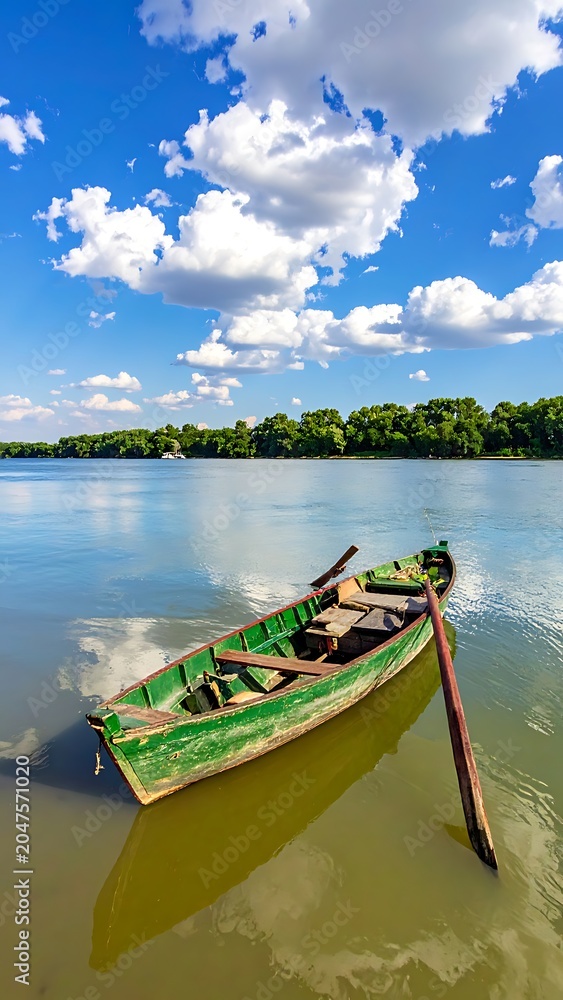 Obraz premium Green boat on calm lake water.