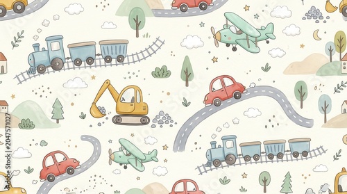 Joyful pattern: cartoon vehicles (trains, cars, planes, excavator) in sweet landscape
