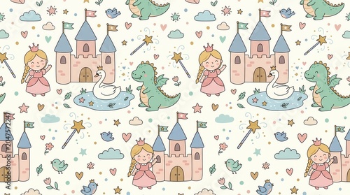 Gentle pastel fairy tale pattern shows princesses, dragons, castles, swans, and magic wands