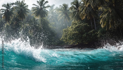 Turquoise ocean waves crash on a tropical, jungle-lined coast