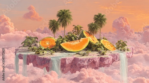 Floating island with fruit and waterfalls in a pastel sky