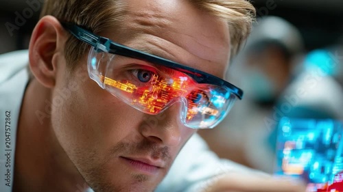 Future Visionary: A scientist, with intense focus, peers through augmented reality glasses, his gaze reflecting intricate data visualizations and futuristic technology.